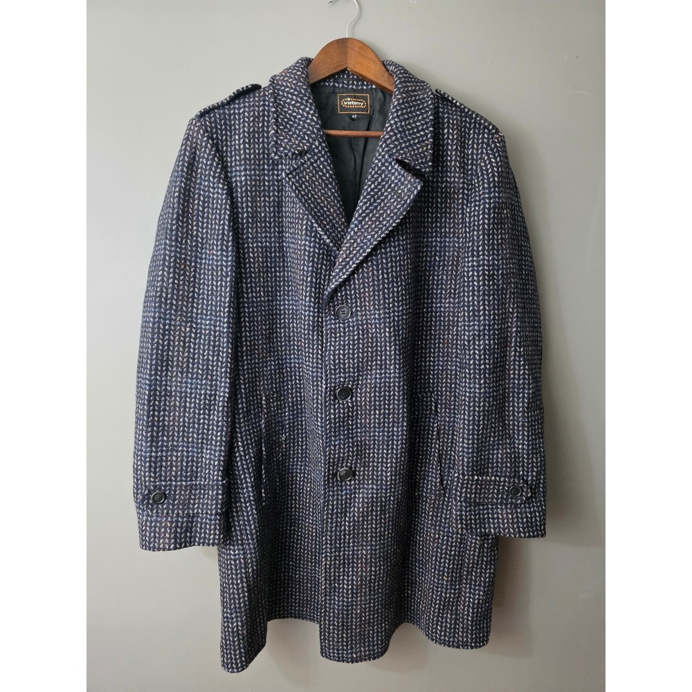 Virany Vintage Mens Blue Wool Blend Overcoat Hungary 42 Epaulets Tweed Coat